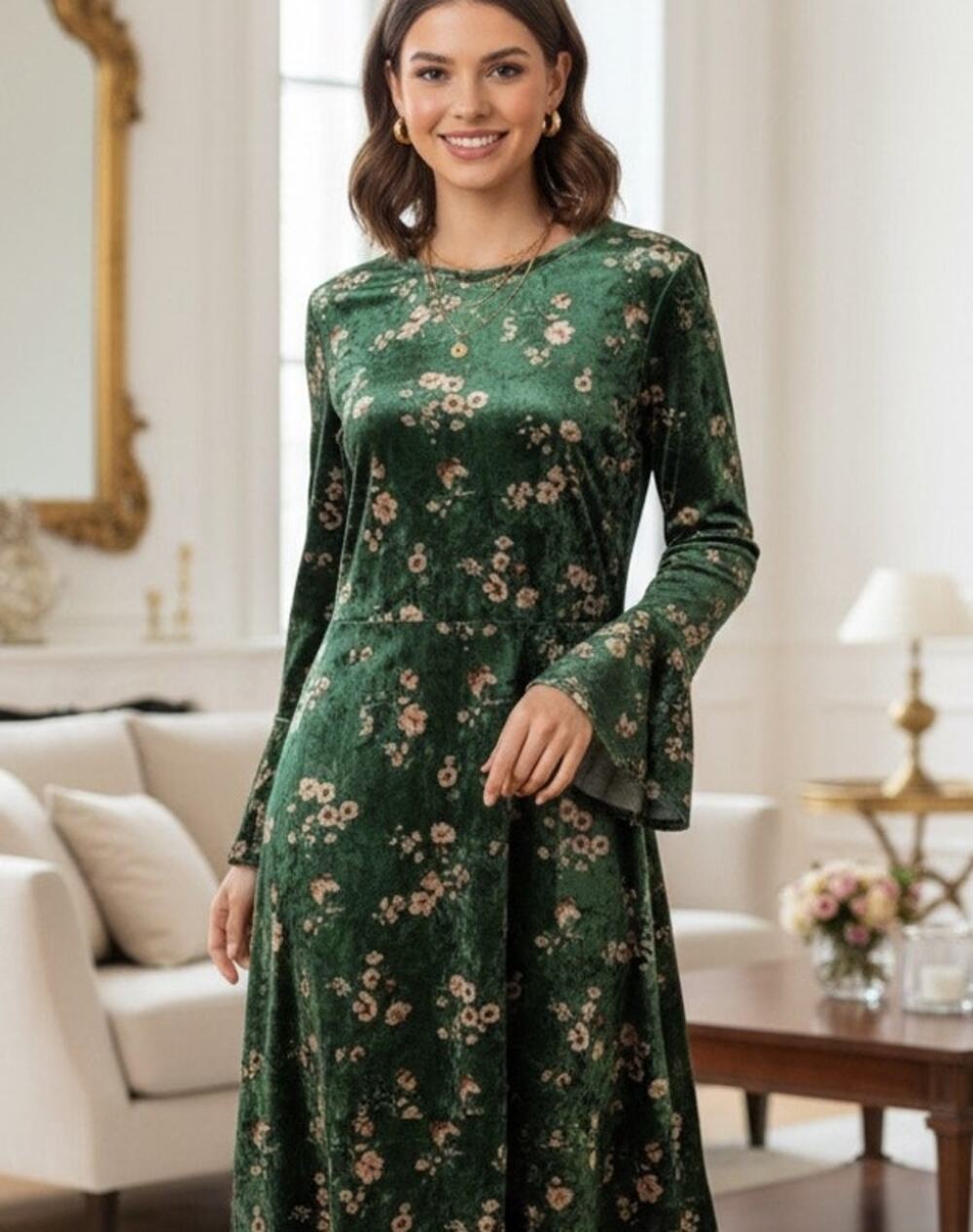 Sonja Betro Velour Floral Midi Party Dress with Ruffle Sleeves